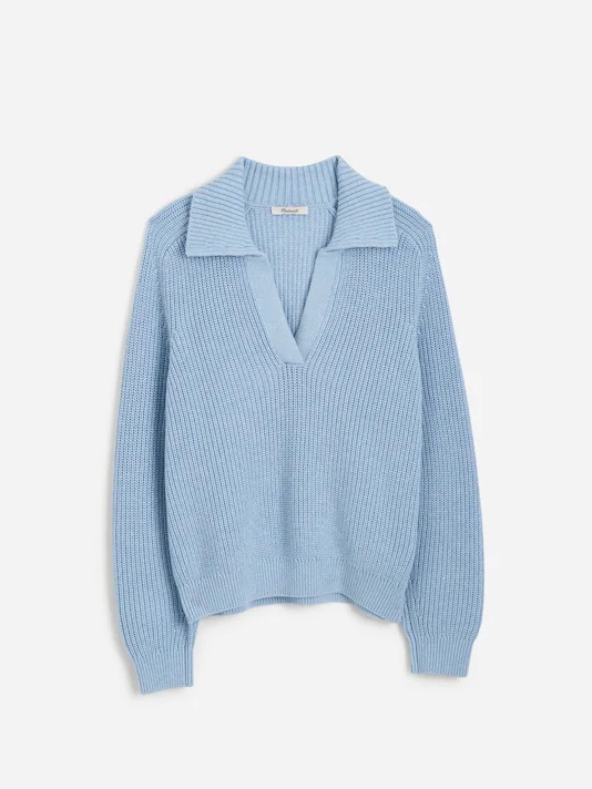 Madewell Pastel Blue Shaker Stitch Johnny Collar Cotton Cashmere Blend Sweater